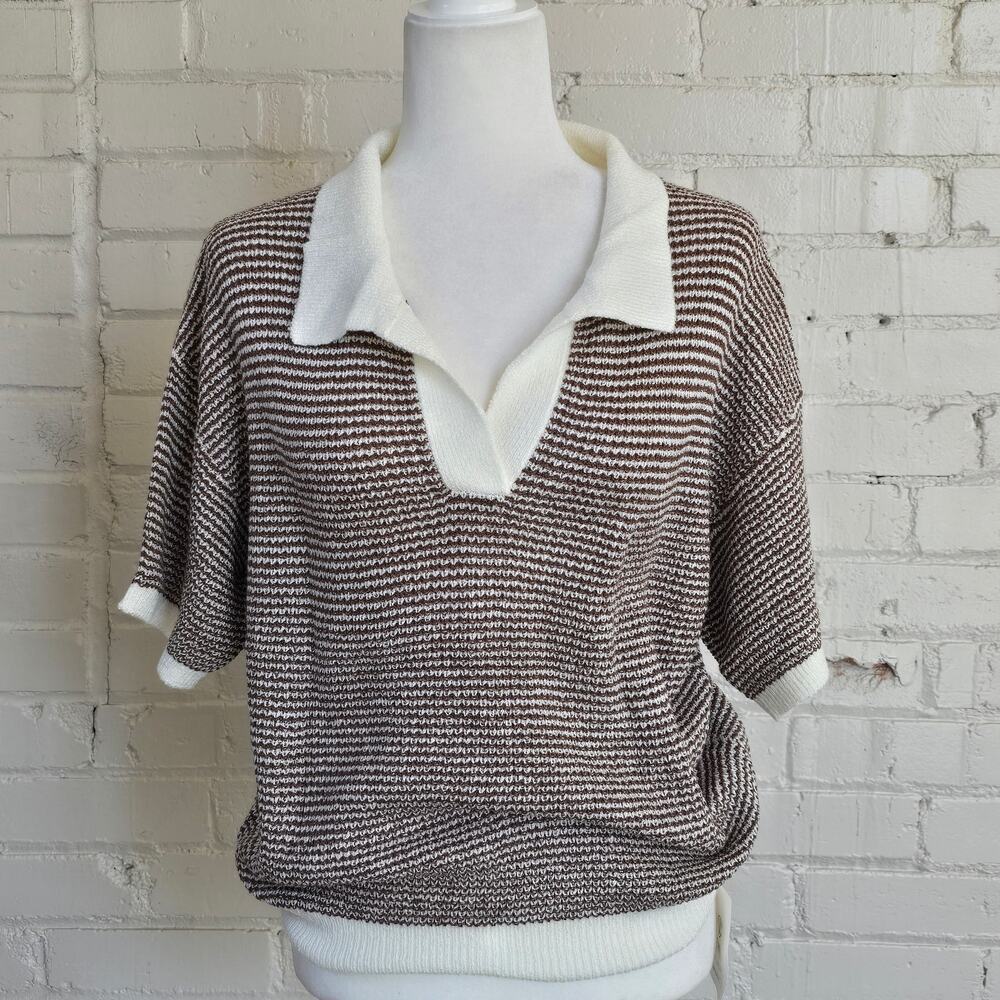 NWT Cream & Brown Stripe Textured Knit Preppy Polo Sweater Old Money Tenniscore